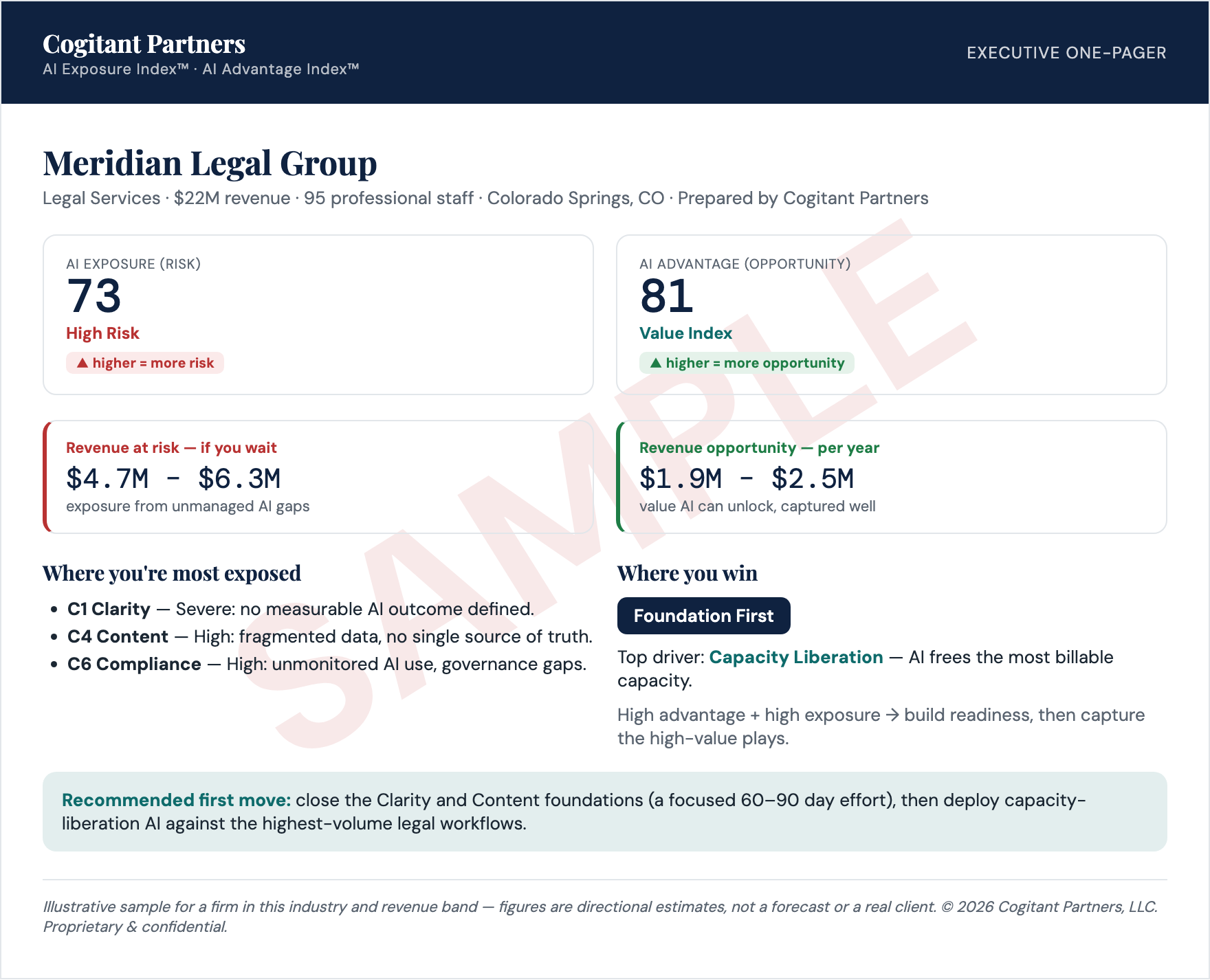 Executive one-pager showing risk and advantage scores, revenue ranges, top exposures and recommended first move