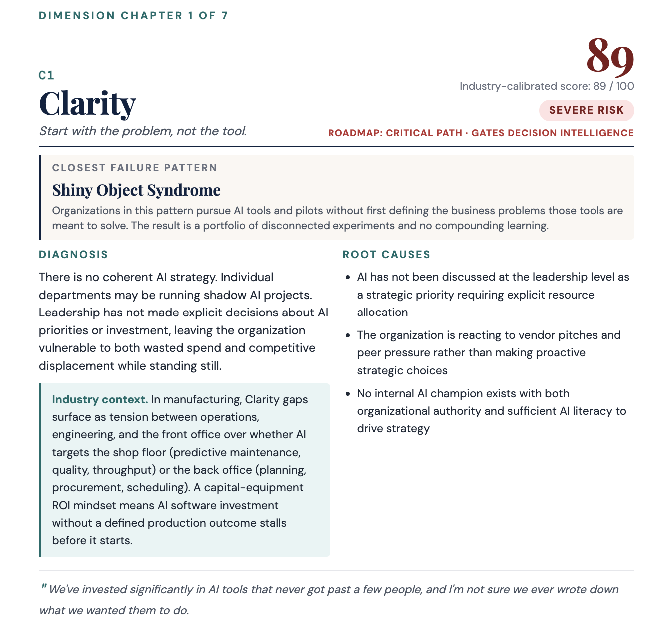 Full report dimension chapter showing the closest failure pattern, diagnosis, root causes and industry context